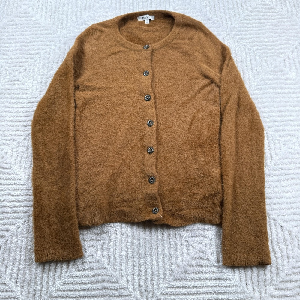 Madewell Cardigan Sweater Women XS Brown Fuzzy Quiet Luxury Old Money Equestrian